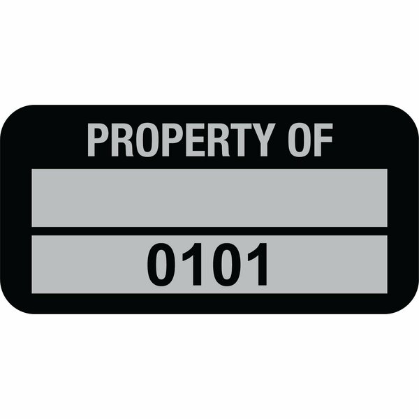 Lustre-Cal Property ID Label PROPERTY OF 5 Alum Blk 1.50in x 0.75in 1 Blank Pad&Serialized 0101-0200, 100PK 253769Ma2K0101
